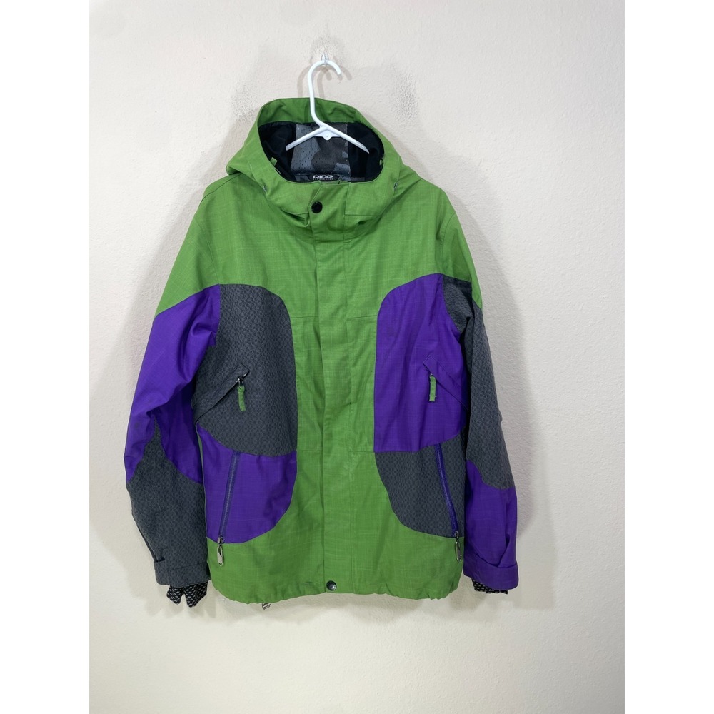 Ride Snowboards Men Small Shell Ski Snow Jacket Hooded Green Purple Fully‎ Taped